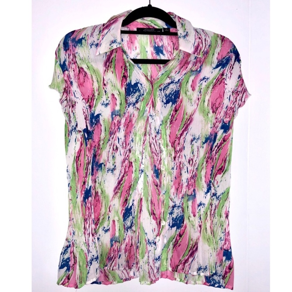 Multi Color Short Sleeve Button Up Blouse